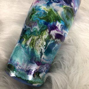 24 Ounce Tumbler Hand-Painted Blues Purples Pearl Green Lid And Straw